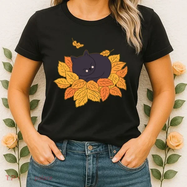 Cute Autumn Fall Sleeping Black Kitty Leaves Women's T-Shirt