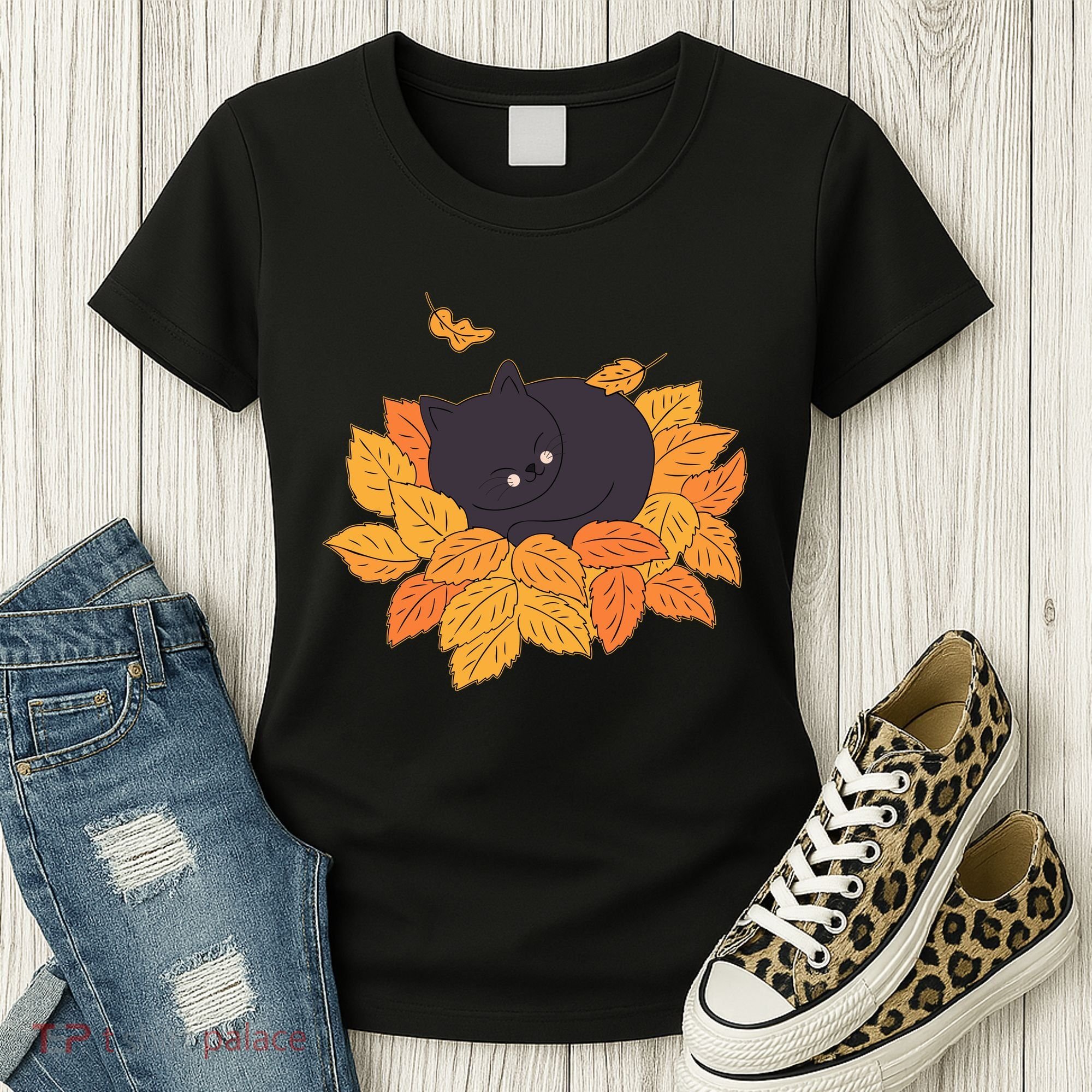 Cute Autumn Fall Sleeping Black Kitty Leaves Women's T-Shirt