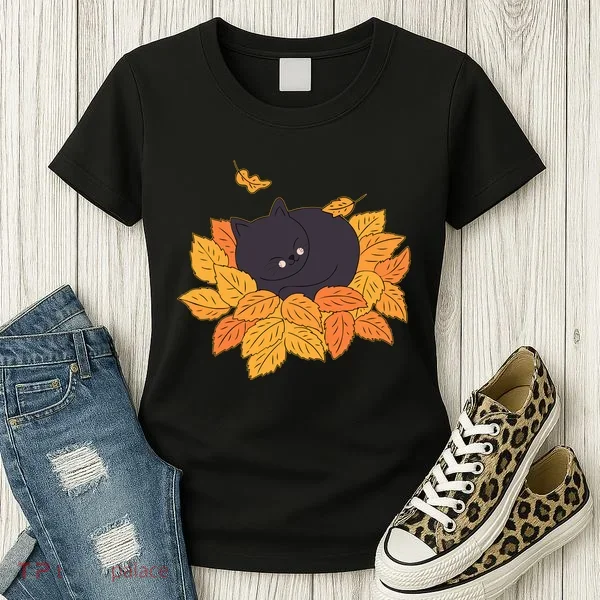 Cute Autumn Fall Sleeping Black Kitty Leaves Women's T-Shirt