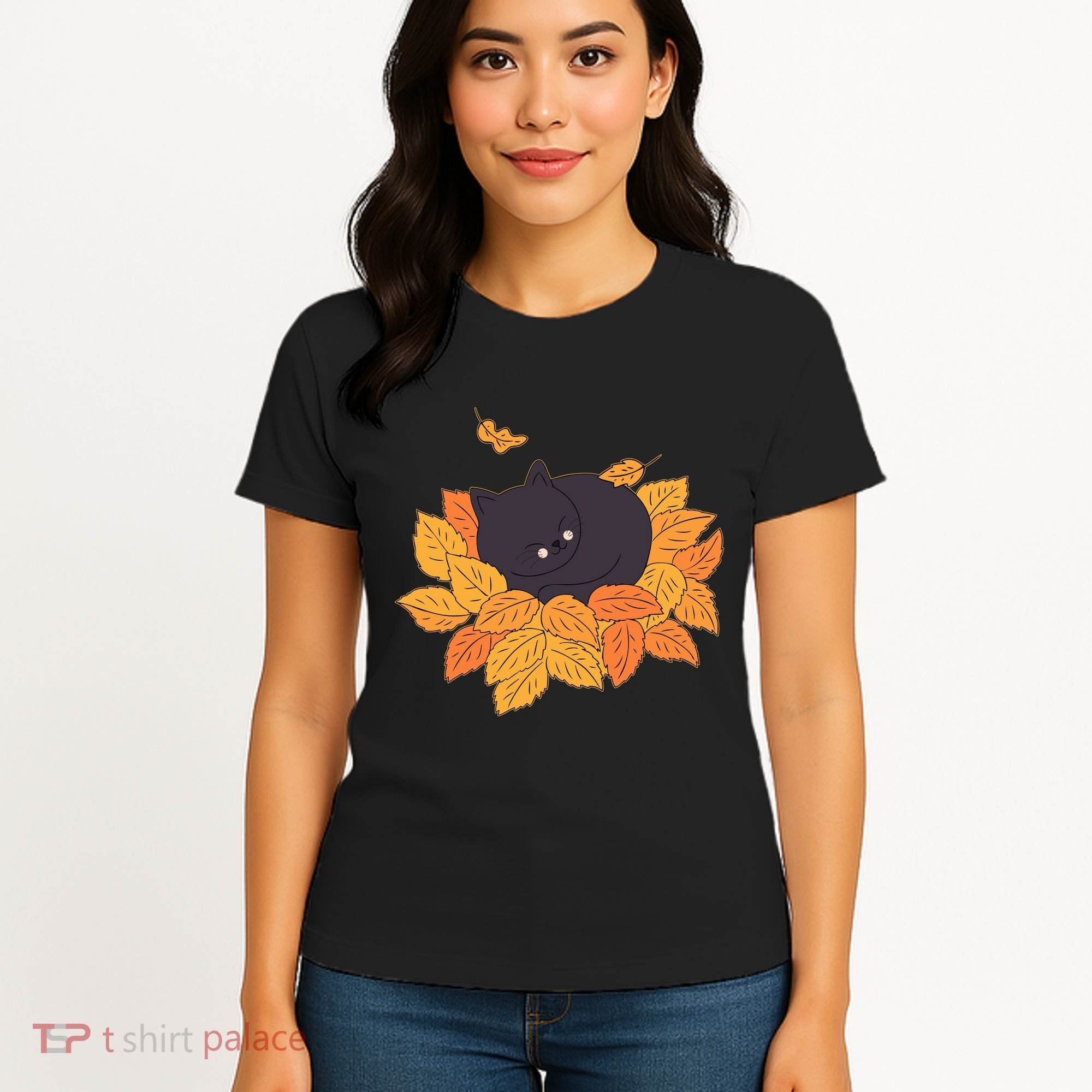 Cute Autumn Fall Sleeping Black Kitty Leaves Women's T-Shirt