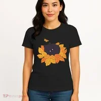 Cute Autumn Fall Sleeping Black Kitty Leaves Women's T-Shirt thumb 4