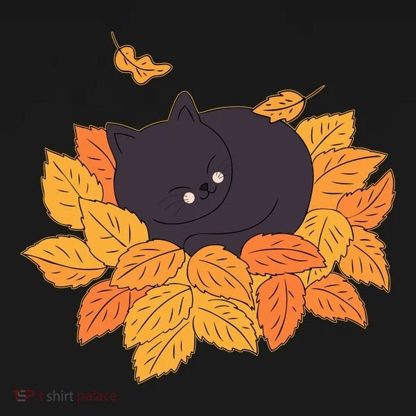 Cute Autumn Fall Sleeping Black Kitty Leaves Women's T-Shirt