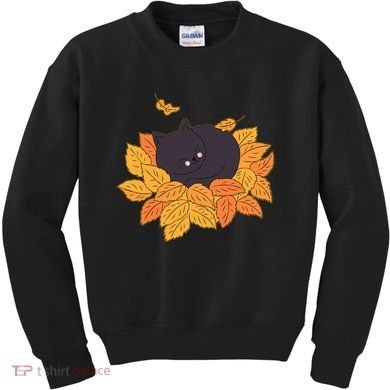 Cute Autumn Fall Sleeping Black Kitty Leaves Kids Sweatshirt