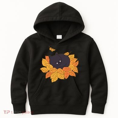 Cute Autumn Fall Sleeping Black Kitty Leaves Kids Hoodie