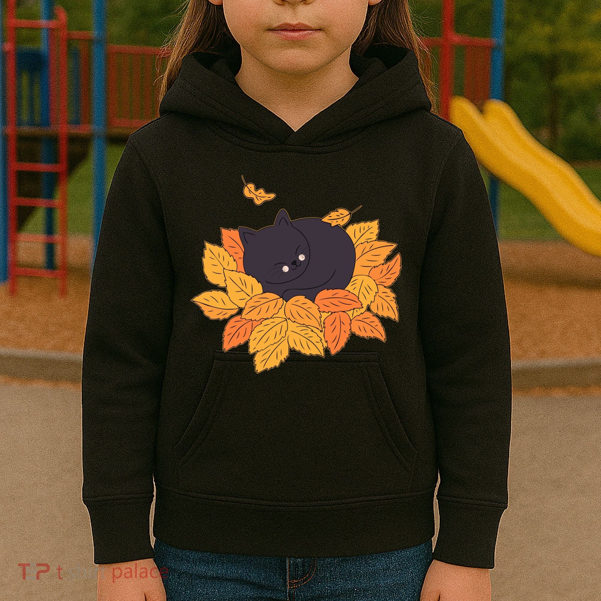 Cute Autumn Fall Sleeping Black Kitty Leaves Kids Hoodie