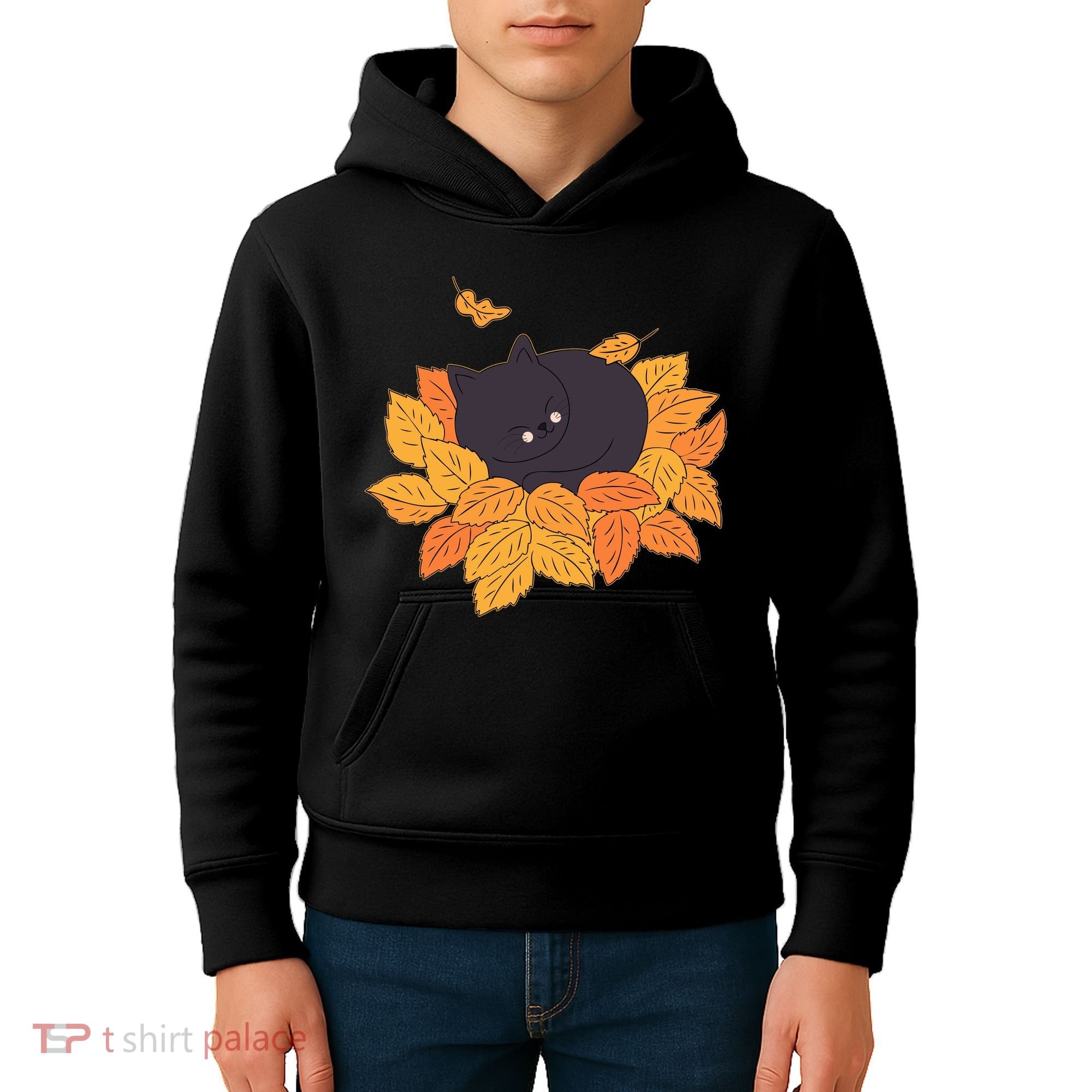 Cute Autumn Fall Sleeping Black Kitty Leaves Kids Hoodie