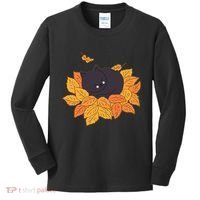 Cute Autumn Fall Sleeping Black Kitty Leaves Kids Long Sleeve Shirt thumb 0
