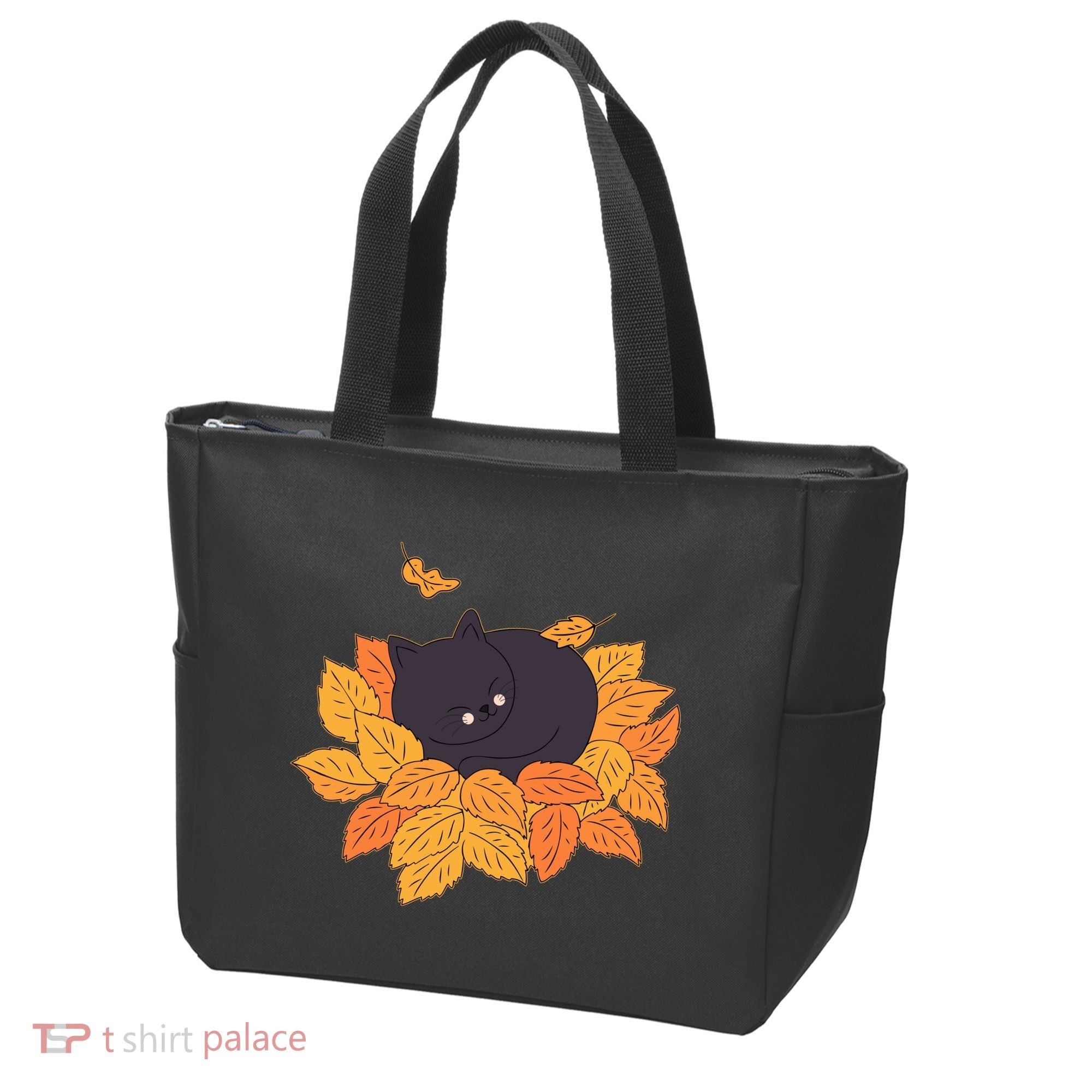 Cute Autumn Fall Sleeping Black Kitty Leaves Tote Bag