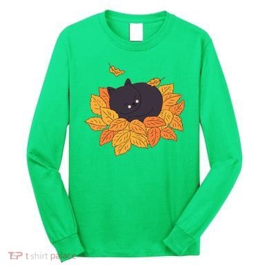 Cute Autumn Fall Sleeping Black Kitty Leaves Long Sleeve Shirt