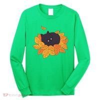 Cute Autumn Fall Sleeping Black Kitty Leaves Long Sleeve Shirt thumb 0