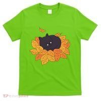 Cute Autumn Fall Sleeping Black Kitty Leaves T-Shirt thumb 0
