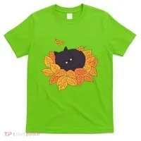 Cute Autumn Fall Sleeping Black Kitty Leaves T-Shirt thumb 0