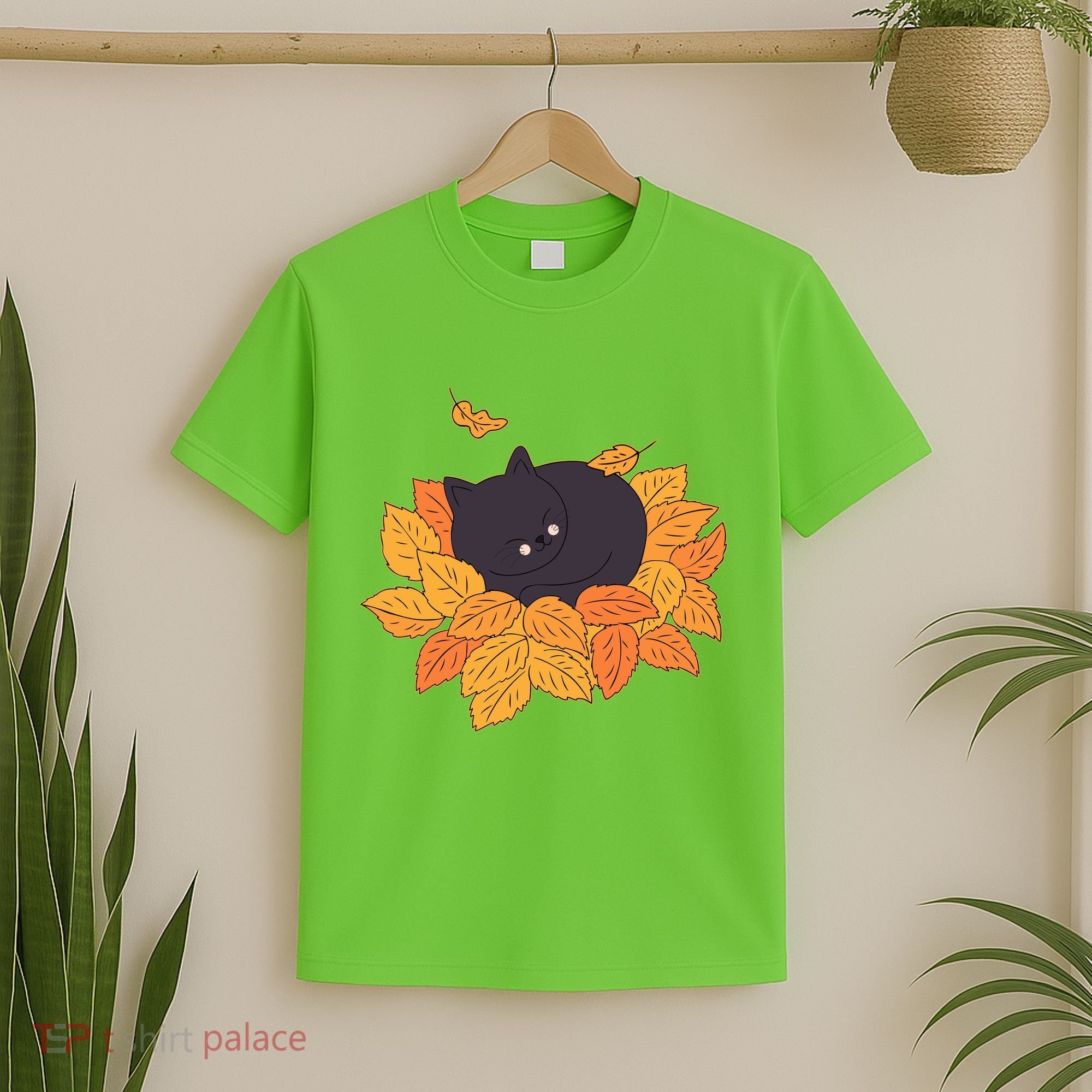 Cute Autumn Fall Sleeping Black Kitty Leaves T-Shirt