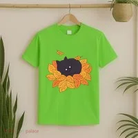 Cute Autumn Fall Sleeping Black Kitty Leaves T-Shirt thumb 2