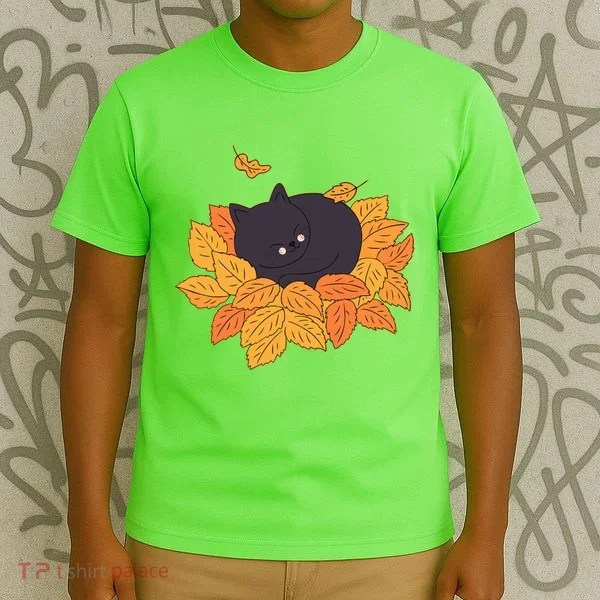 Cute Autumn Fall Sleeping Black Kitty Leaves T-Shirt