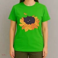 Cute Autumn Fall Sleeping Black Kitty Leaves T-Shirt thumb 4