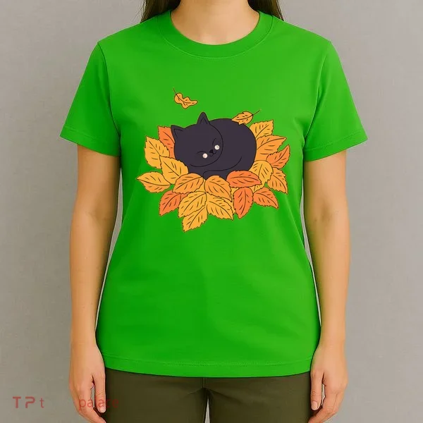 Cute Autumn Fall Sleeping Black Kitty Leaves T-Shirt