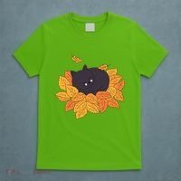 Cute Autumn Fall Sleeping Black Kitty Leaves T-Shirt thumb 5