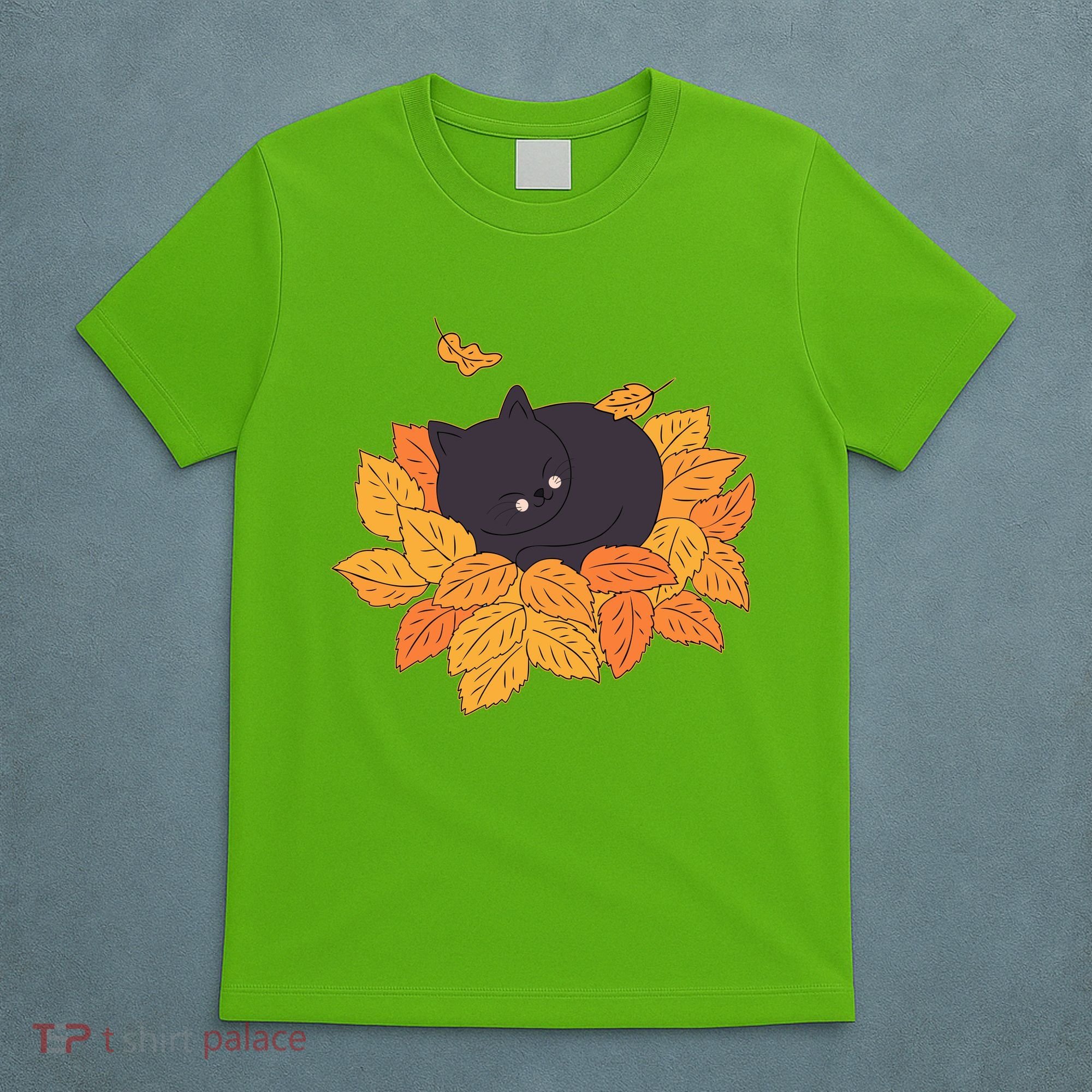 Cute Autumn Fall Sleeping Black Kitty Leaves T-Shirt