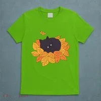 Cute Autumn Fall Sleeping Black Kitty Leaves T-Shirt thumb 5