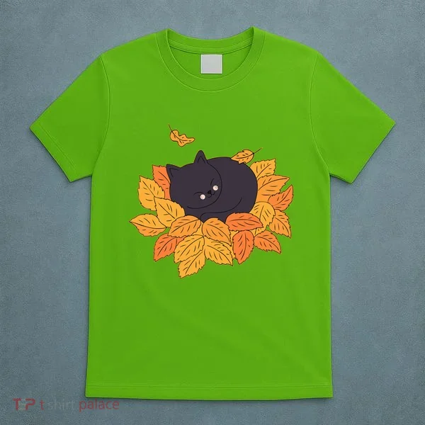 Cute Autumn Fall Sleeping Black Kitty Leaves T-Shirt