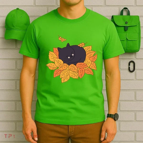Cute Autumn Fall Sleeping Black Kitty Leaves T-Shirt