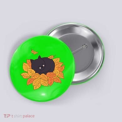 Cute Autumn Fall Sleeping Black Kitty Leaves Button