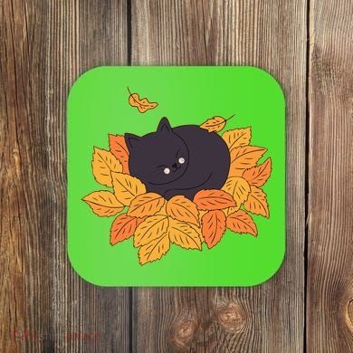 Cute Autumn Fall Sleeping Black Kitty Leaves Coaster