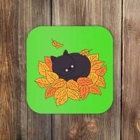 Cute Autumn Fall Sleeping Black Kitty Leaves Coaster thumb 0