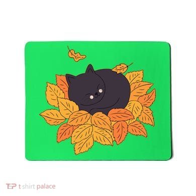 Cute Autumn Fall Sleeping Black Kitty Leaves Mousepad