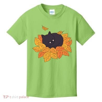 Cute Autumn Fall Sleeping Black Kitty Leaves Kids T-Shirt