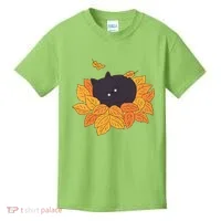 Cute Autumn Fall Sleeping Black Kitty Leaves Kids T-Shirt thumb 0
