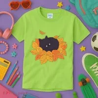 Cute Autumn Fall Sleeping Black Kitty Leaves Kids T-Shirt thumb 3