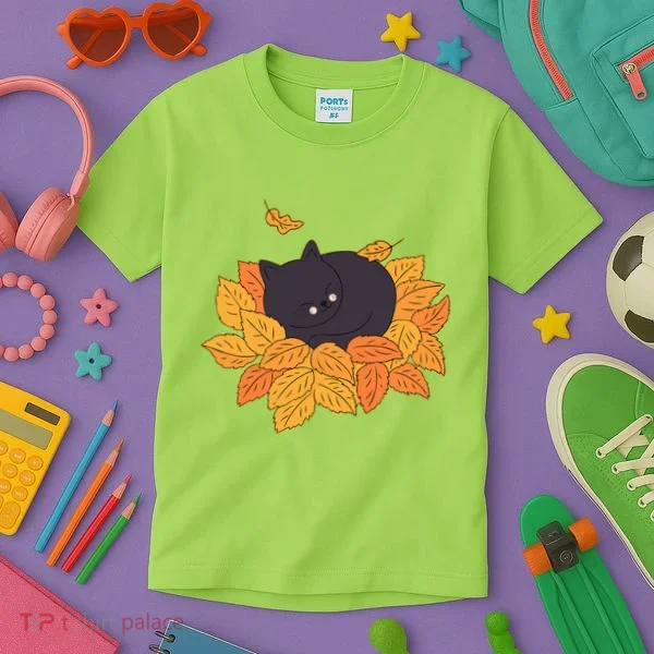 Cute Autumn Fall Sleeping Black Kitty Leaves Kids T-Shirt