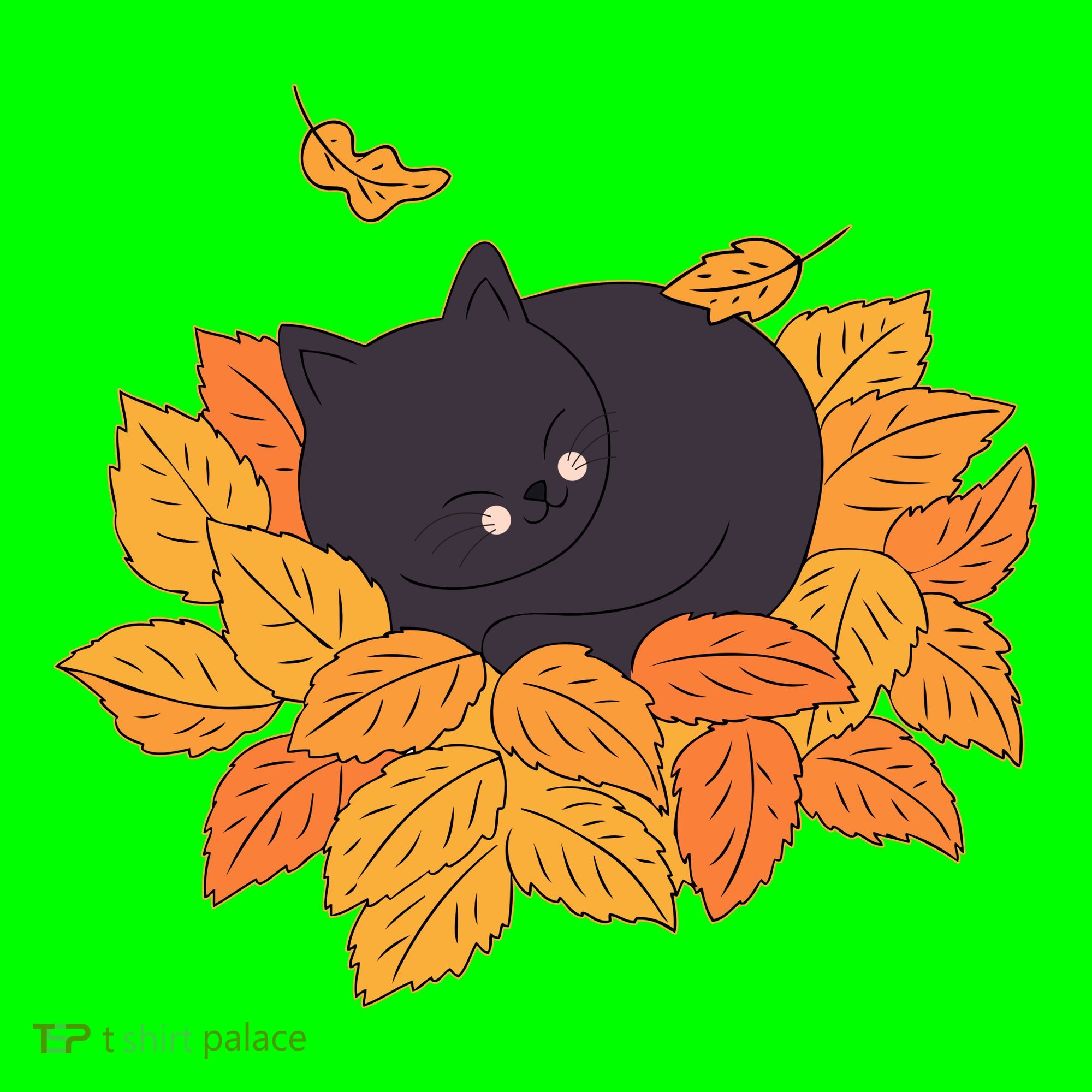 Cute Autumn Fall Sleeping Black Kitty Leaves Kids T-Shirt