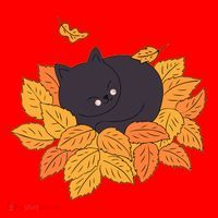 Cute Autumn Fall Sleeping Black Kitty Leaves Santa Hat thumb 1