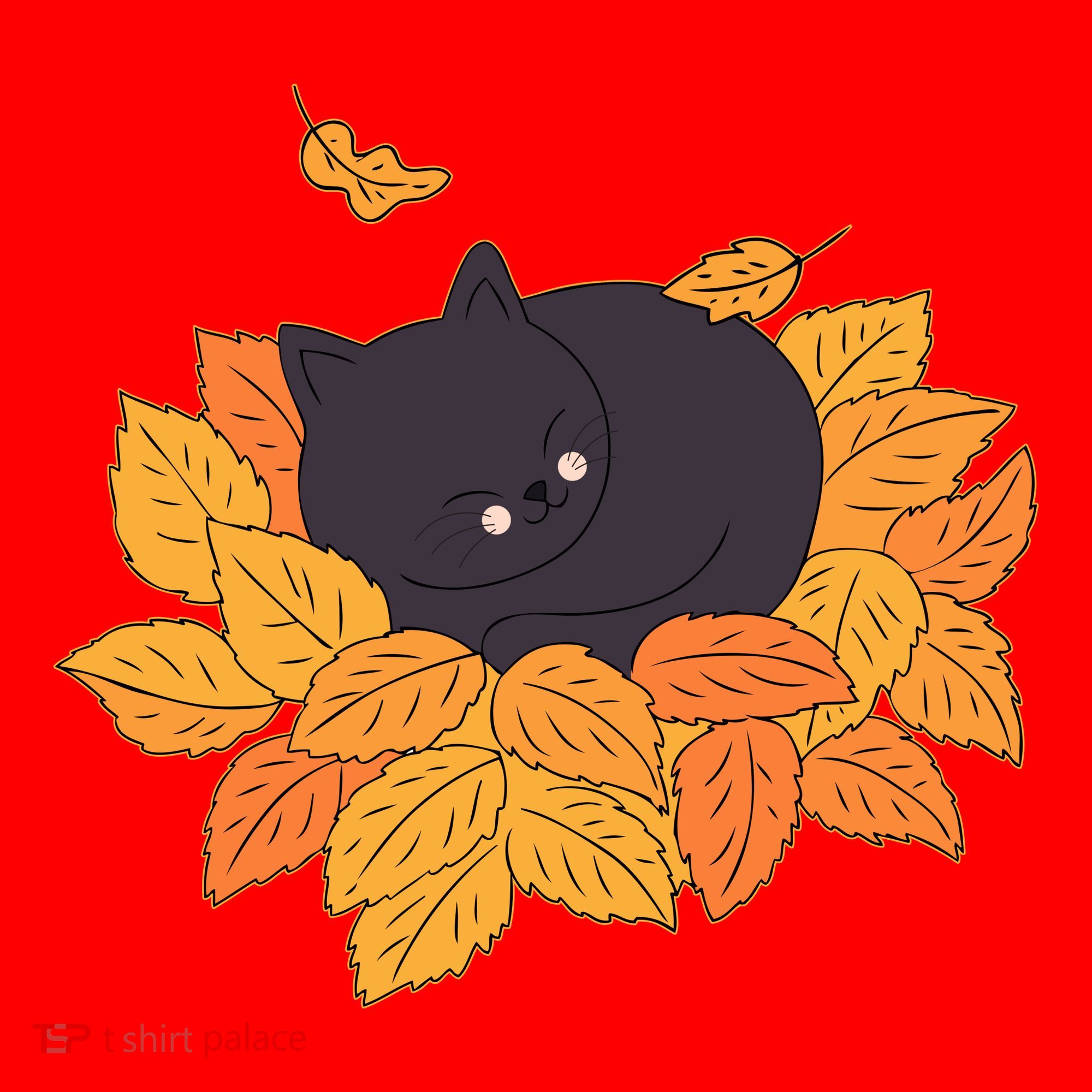 Cute Autumn Fall Sleeping Black Kitty Leaves Santa Hat