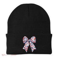Cute American Flag Floral Coquette Bow Patriotic 4th Of Beanie thumb 0