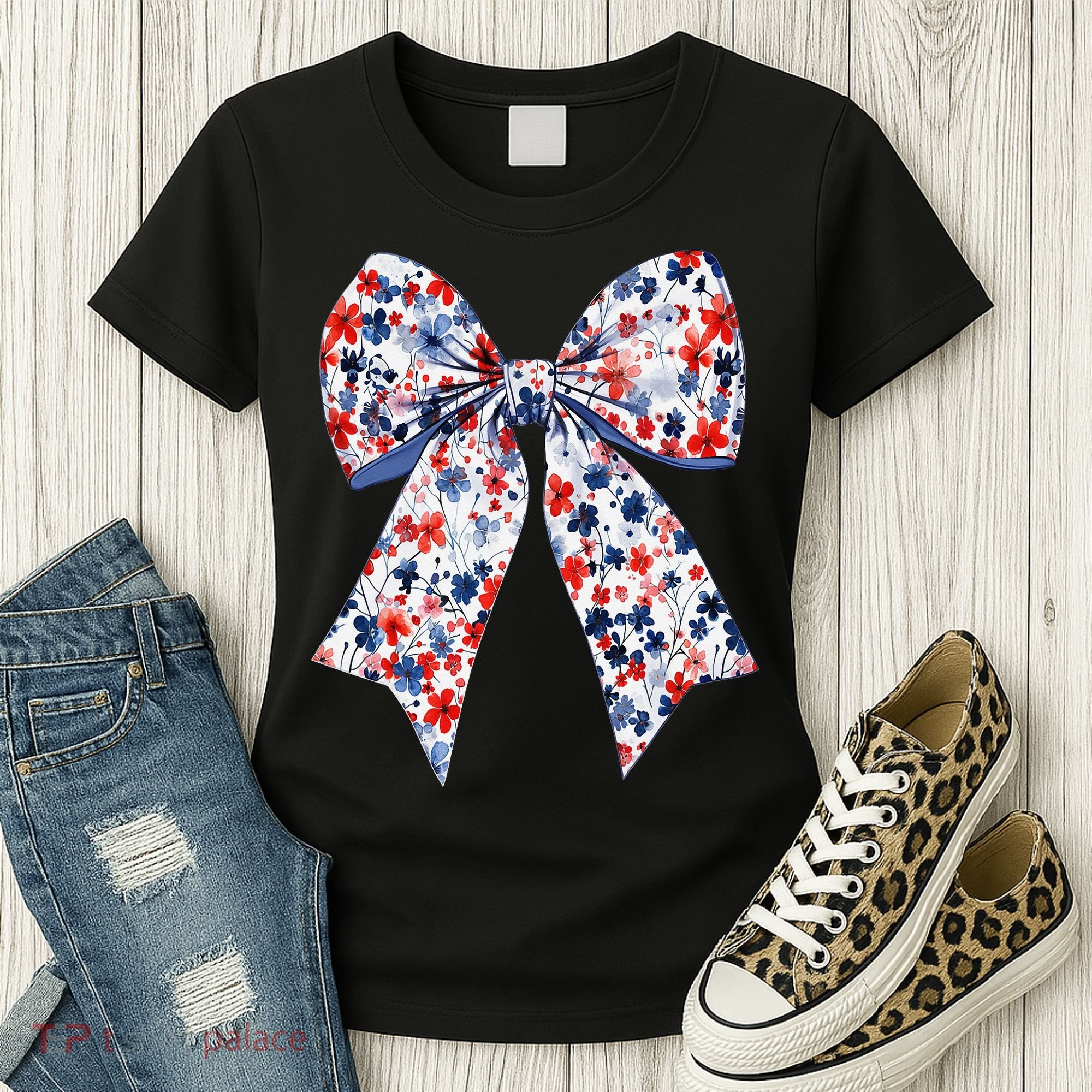 Cute American Flag Floral Coquette Bow Patriotic 4th Of Women's T-Shirt