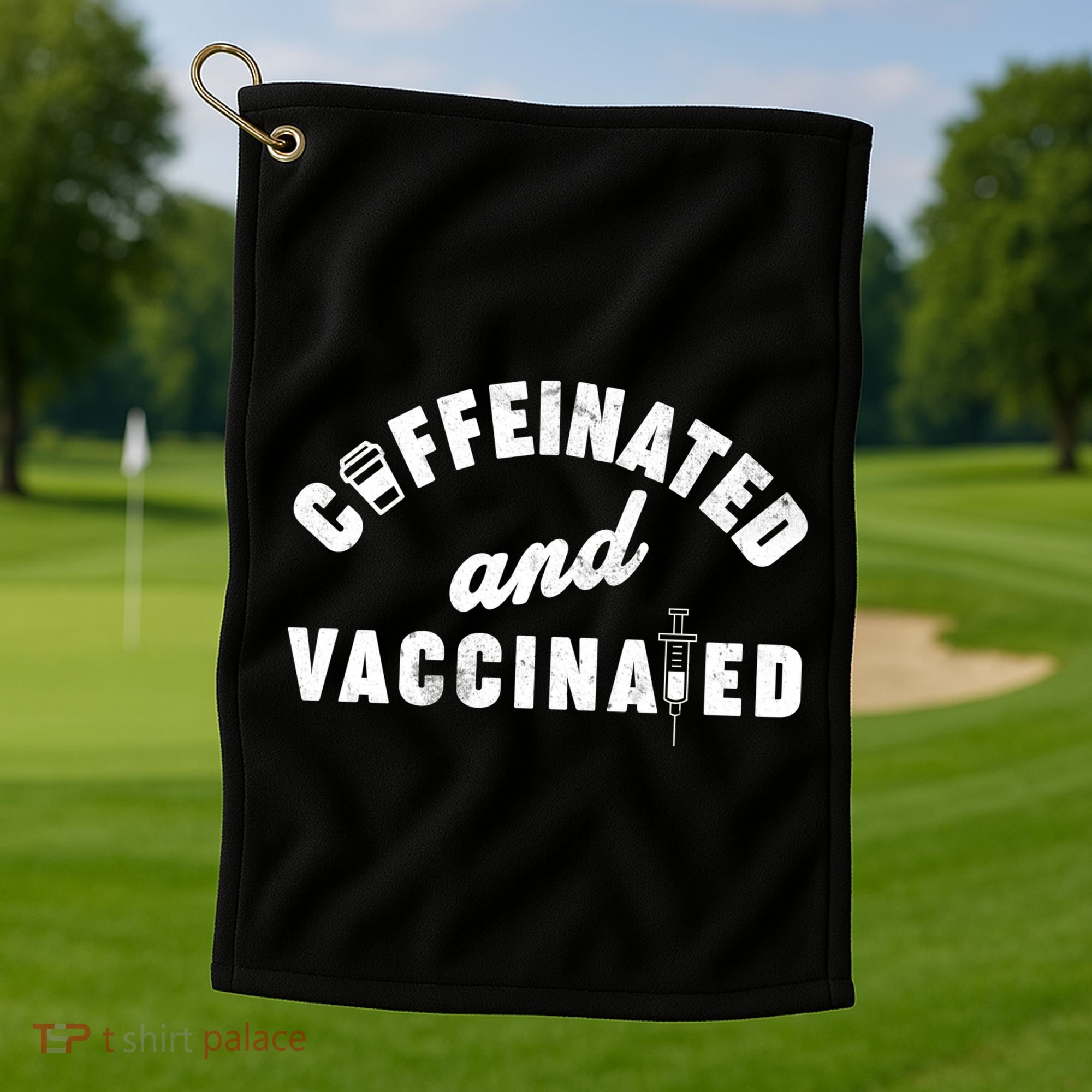Caffeinated And Vaccinated Golf Towel