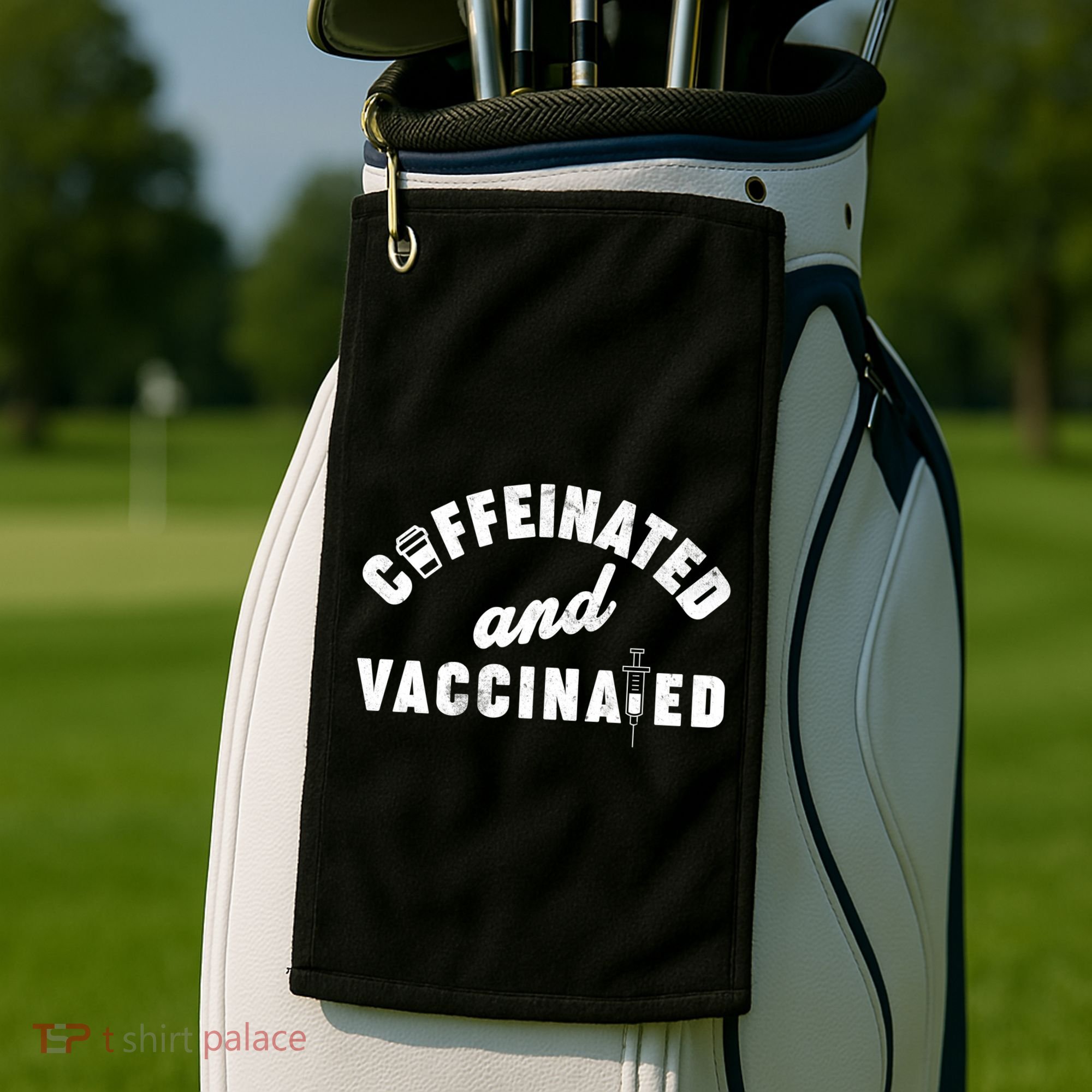 Caffeinated And Vaccinated Golf Towel