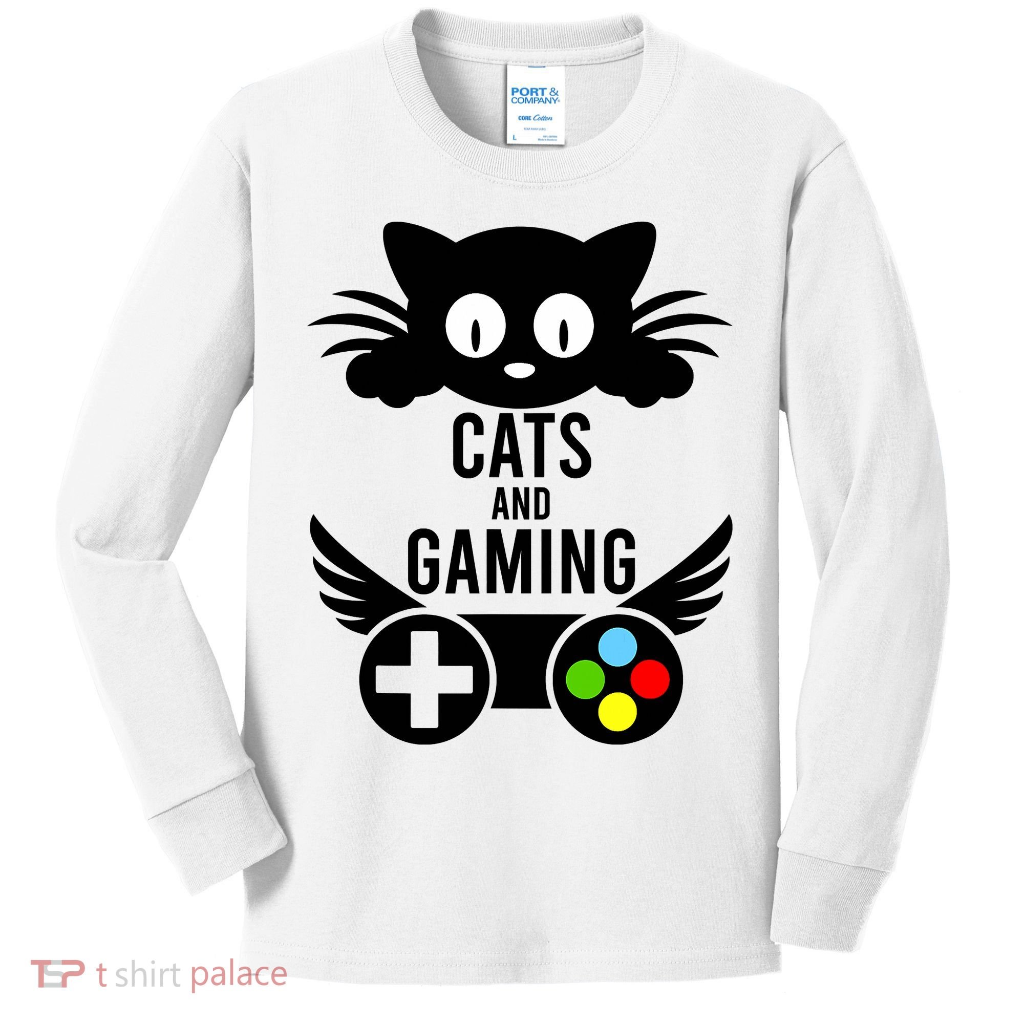 Cats And Gaming Funny Cat Lover Video Games Kids Long Sleeve Shirt