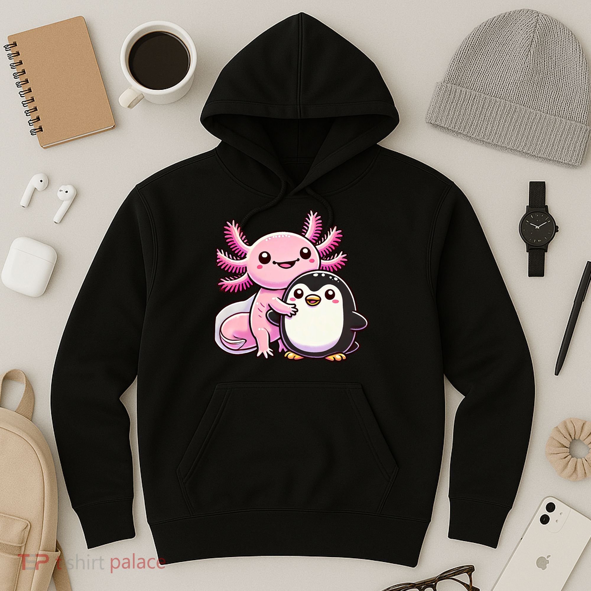 Cute Axolotl Hugging Penguin Hoodie