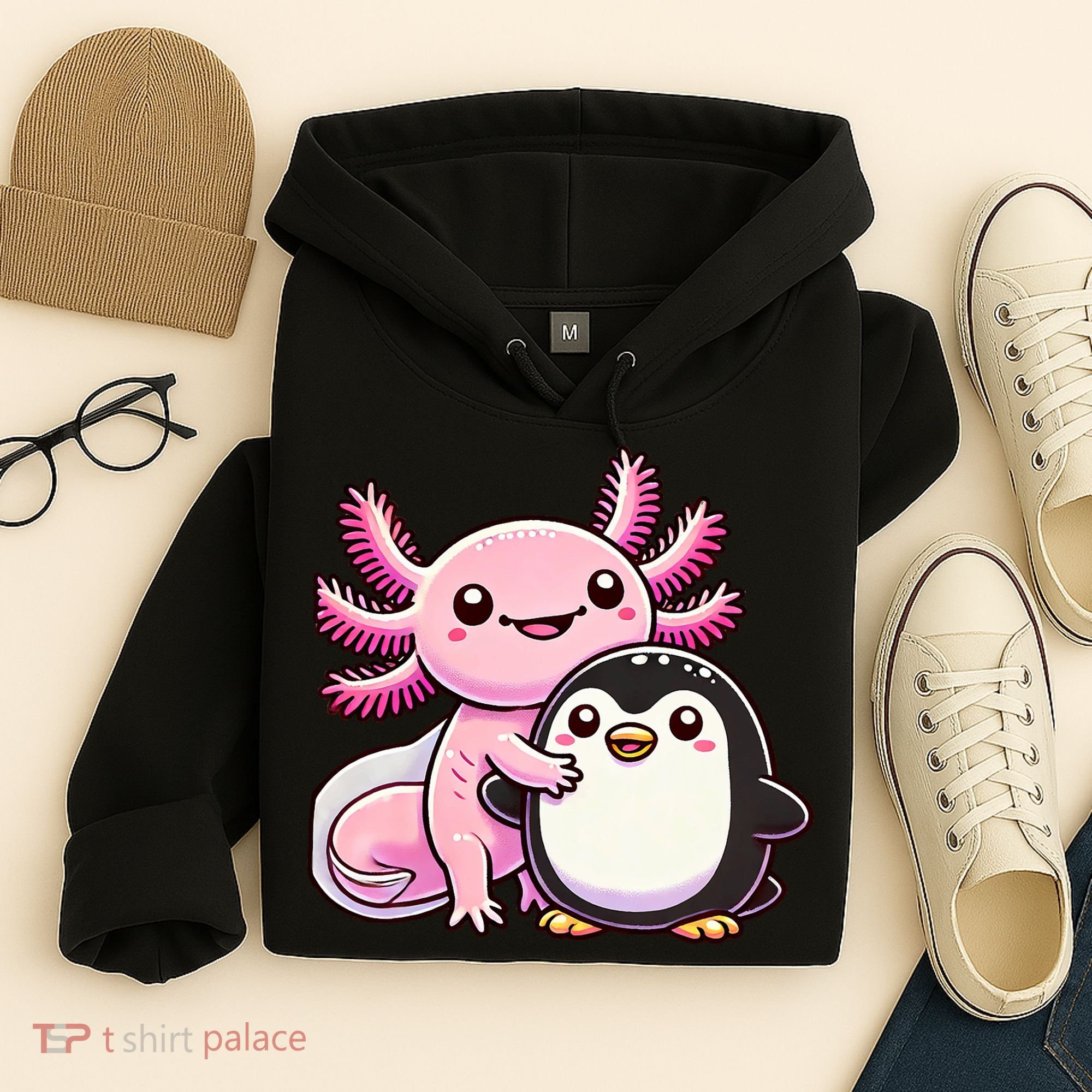 Cute Axolotl Hugging Penguin Hoodie