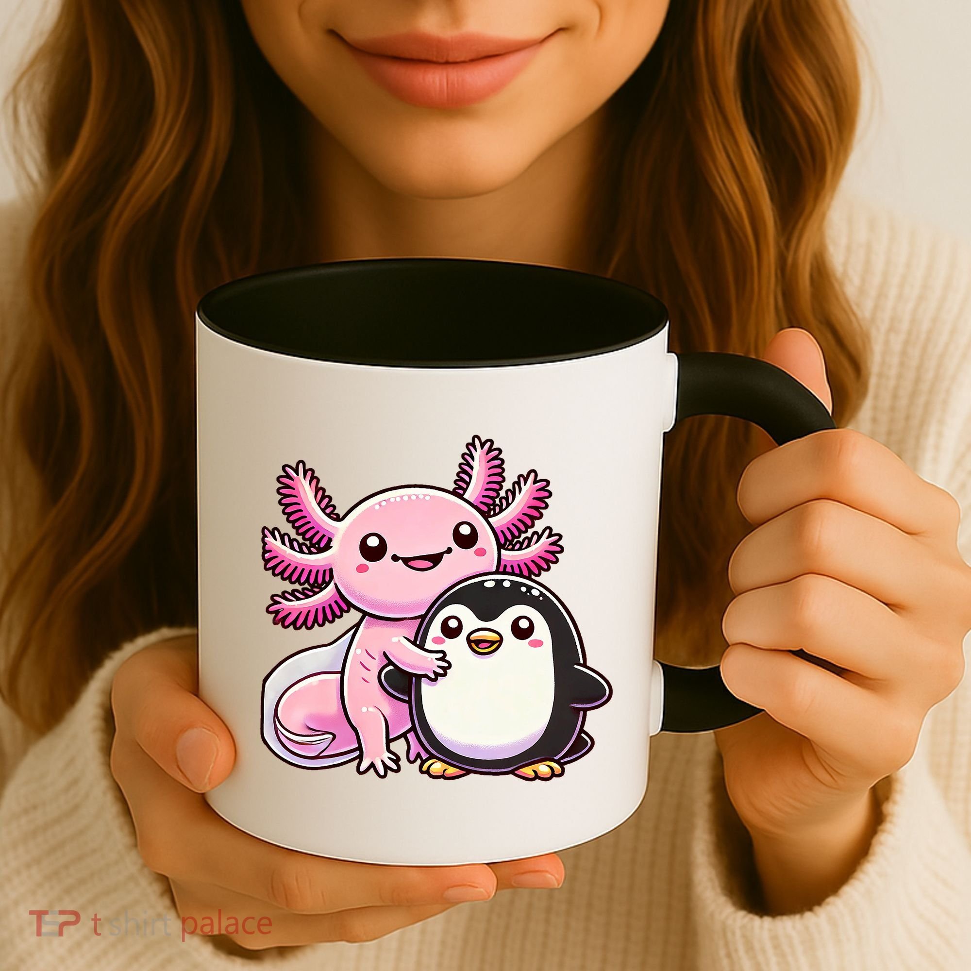 Cute Axolotl Hugging Penguin Coffee Mug