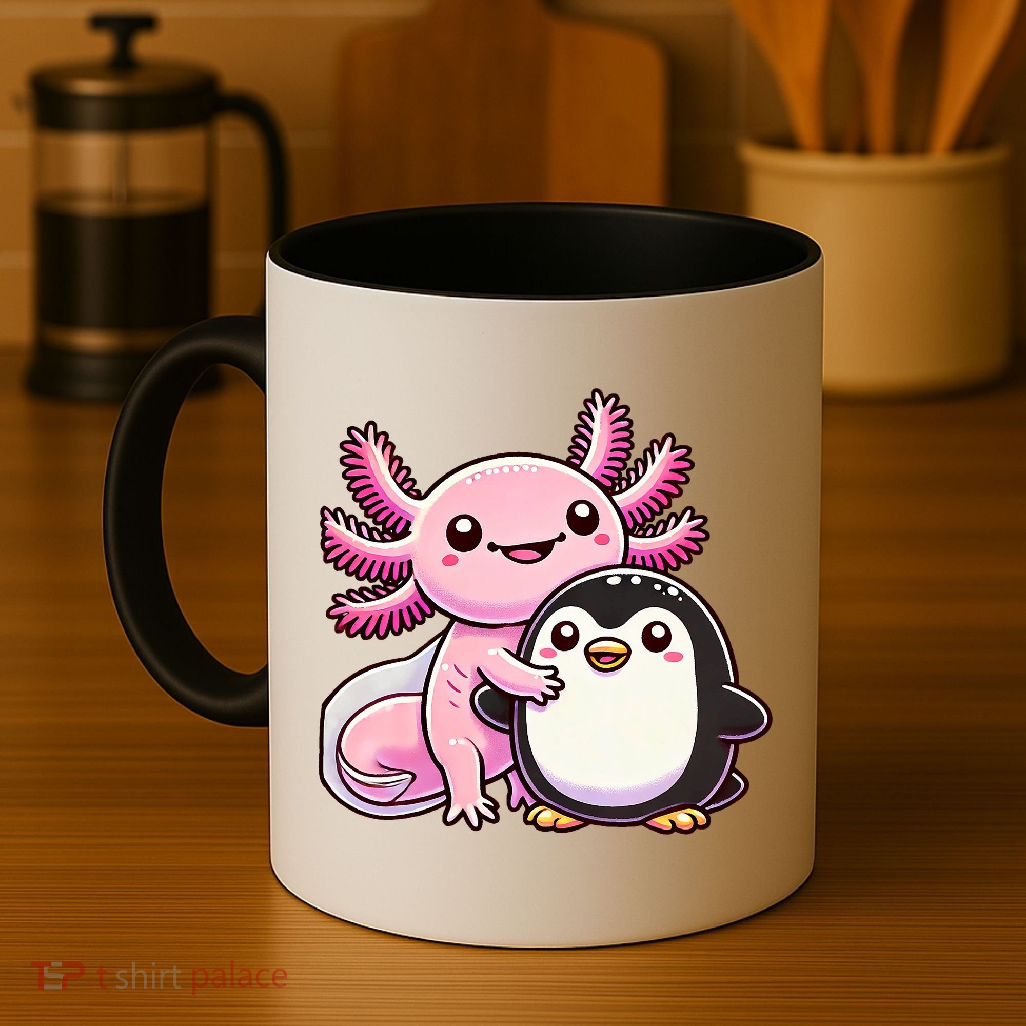 Cute Axolotl Hugging Penguin Coffee Mug