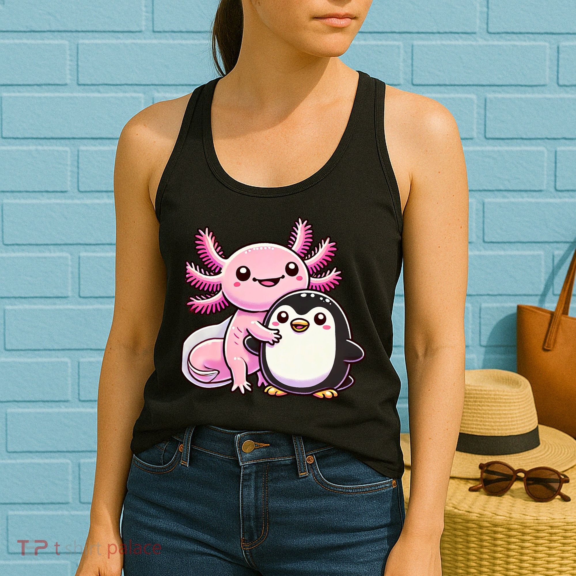 Cute Axolotl Hugging Penguin Women's Tank Top
