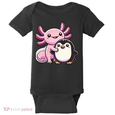 Cute Axolotl Hugging Penguin Baby Bodysuit