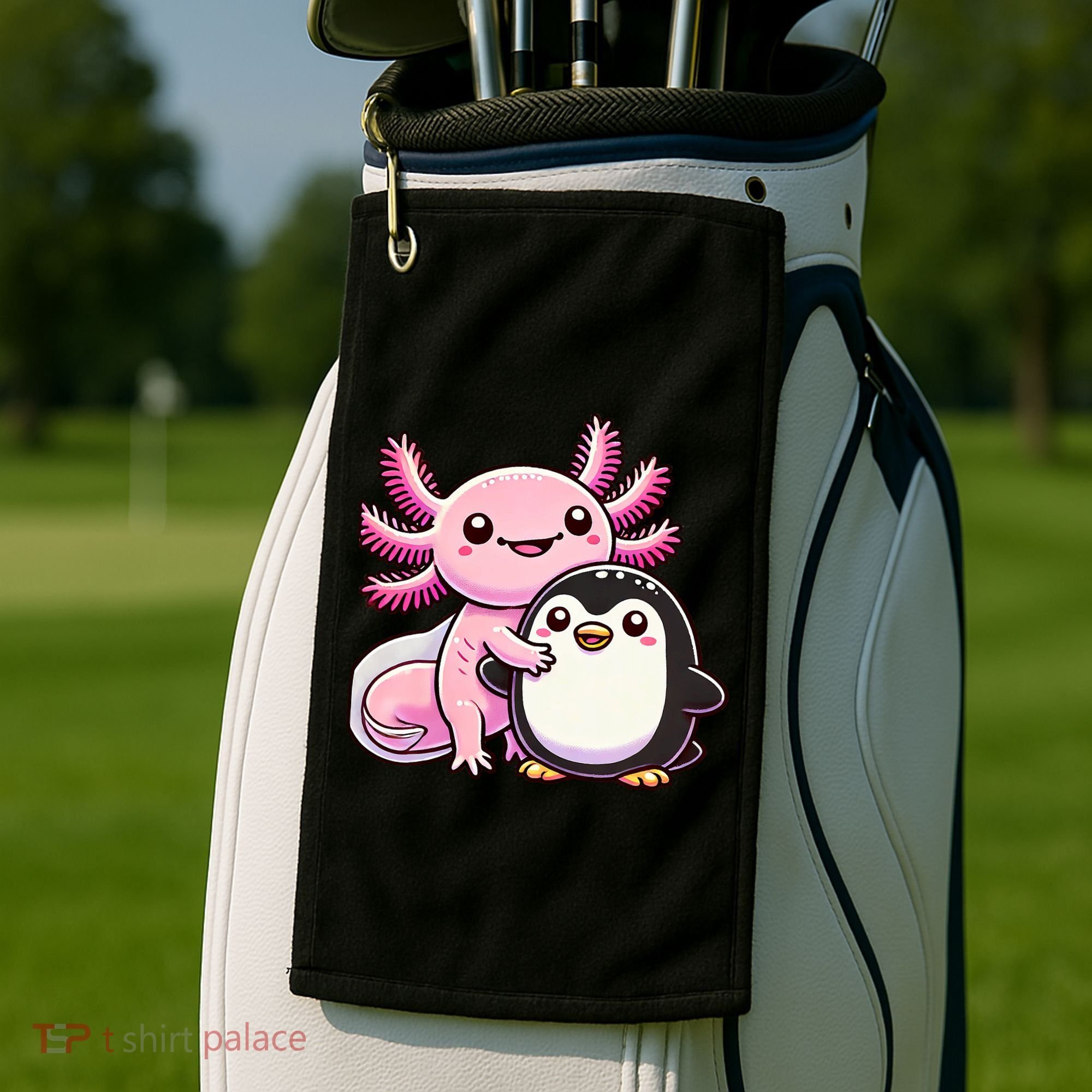 Cute Axolotl Hugging Penguin Golf Towel