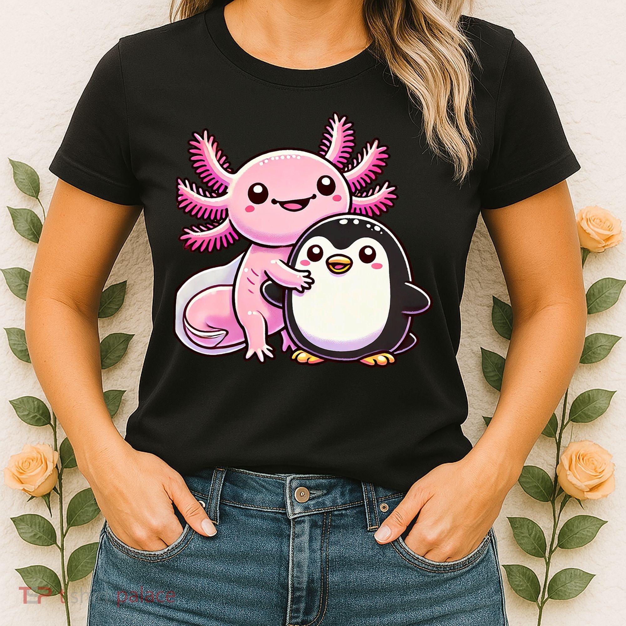 Cute Axolotl Hugging Penguin Women's T-Shirt
